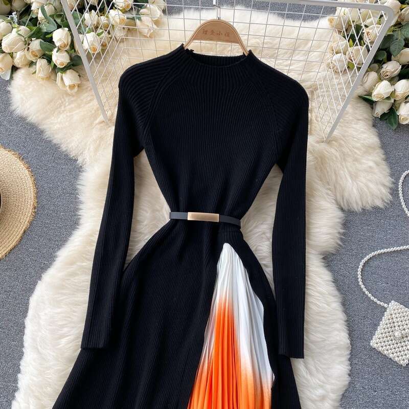 French Hepburn Style Elegant Knitted Patchwork Gradient Color Pleated Slim Fit Waist Cinching Big Swing Dress for Women in Autumn Sexy Loose Lace Dres