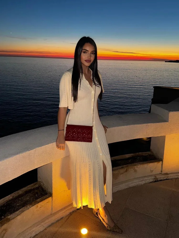 Elegant Solid Womens Knitted Fishtail Midi Dress Fashion O Neck Short Sleeves Slit Shirt Robe Summer Lady High Streetwear 240715