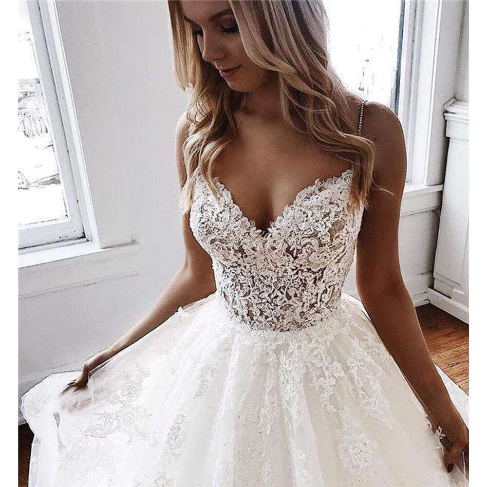 A Line Wedding Dresses V Neck Appliques Lace Spaghetti Straps Vestido De Novia Custom Made White Ivory Bridal Gowns