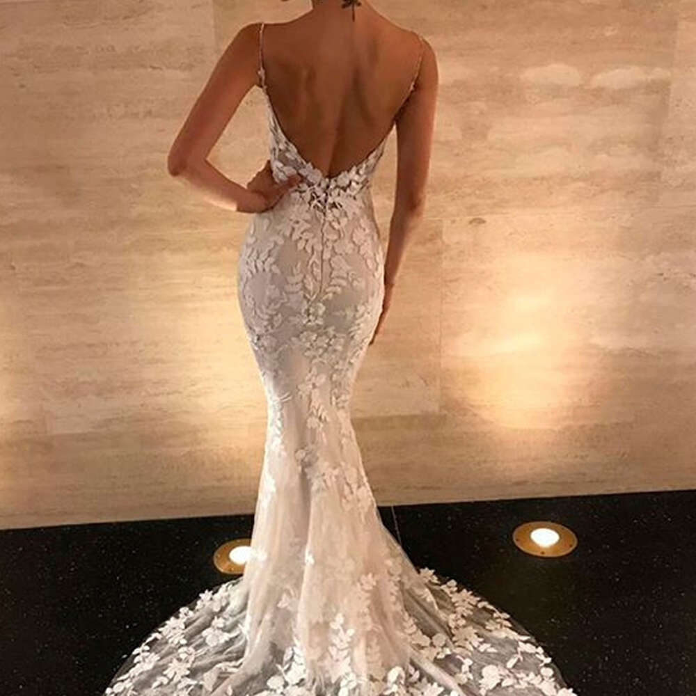 Casual Vintage Wedding Dresses For Women Mermaid Summer Sexy Backless V Neck Lace Spaghetti Straps Bridal Gowns Vestido De Novia