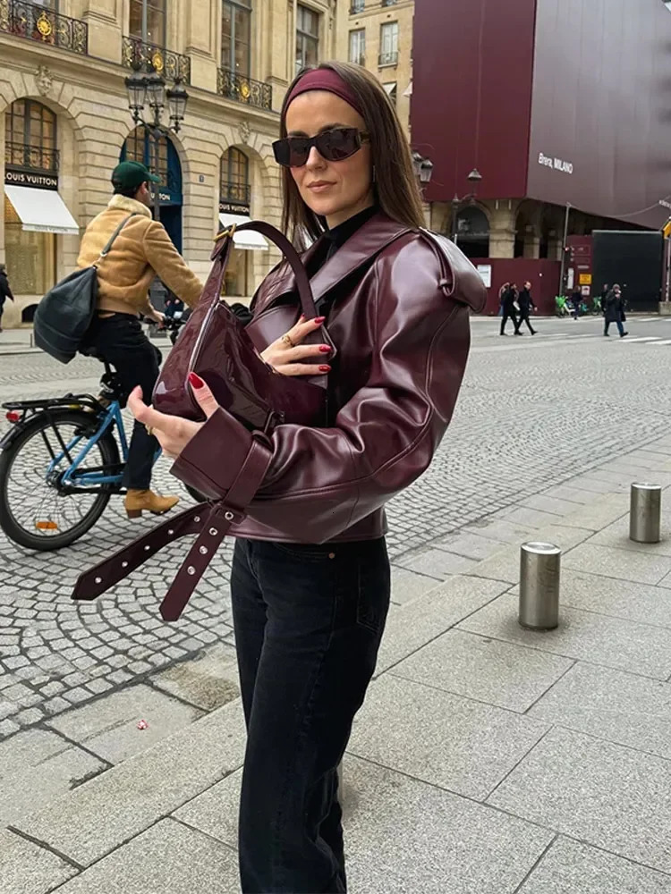 Women Lapel Long Sleeved Short Leather Jacket Cool Girl Slim Chery Red Cropped Coat Fashion Lady Street Party Outwears 240715