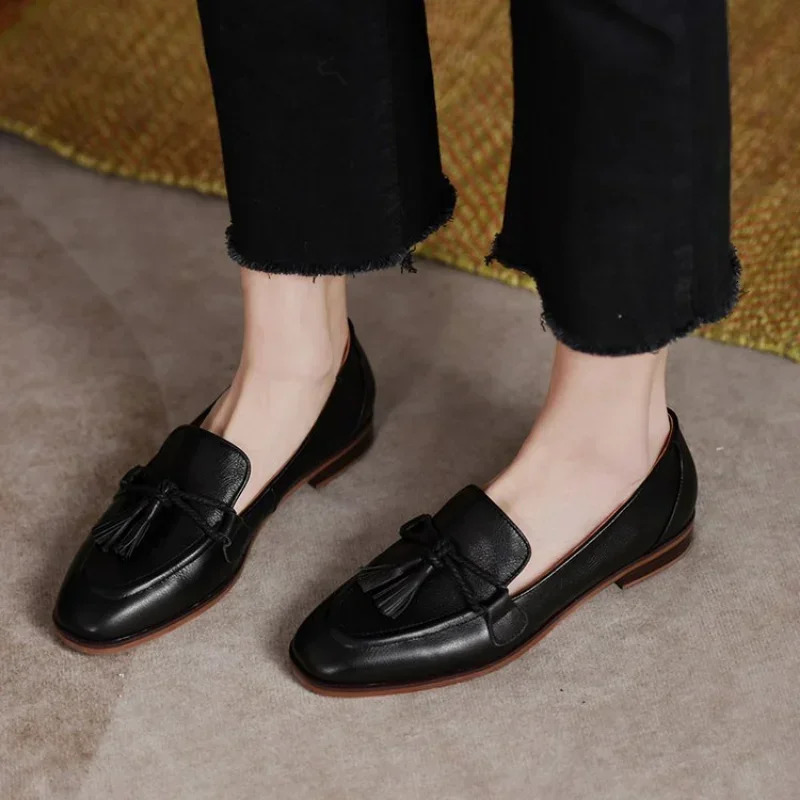 British Style Women Loafers Retro Tassels Pu Leather Shoes Low Heel Shallow Single Black Brown School Flat 240718