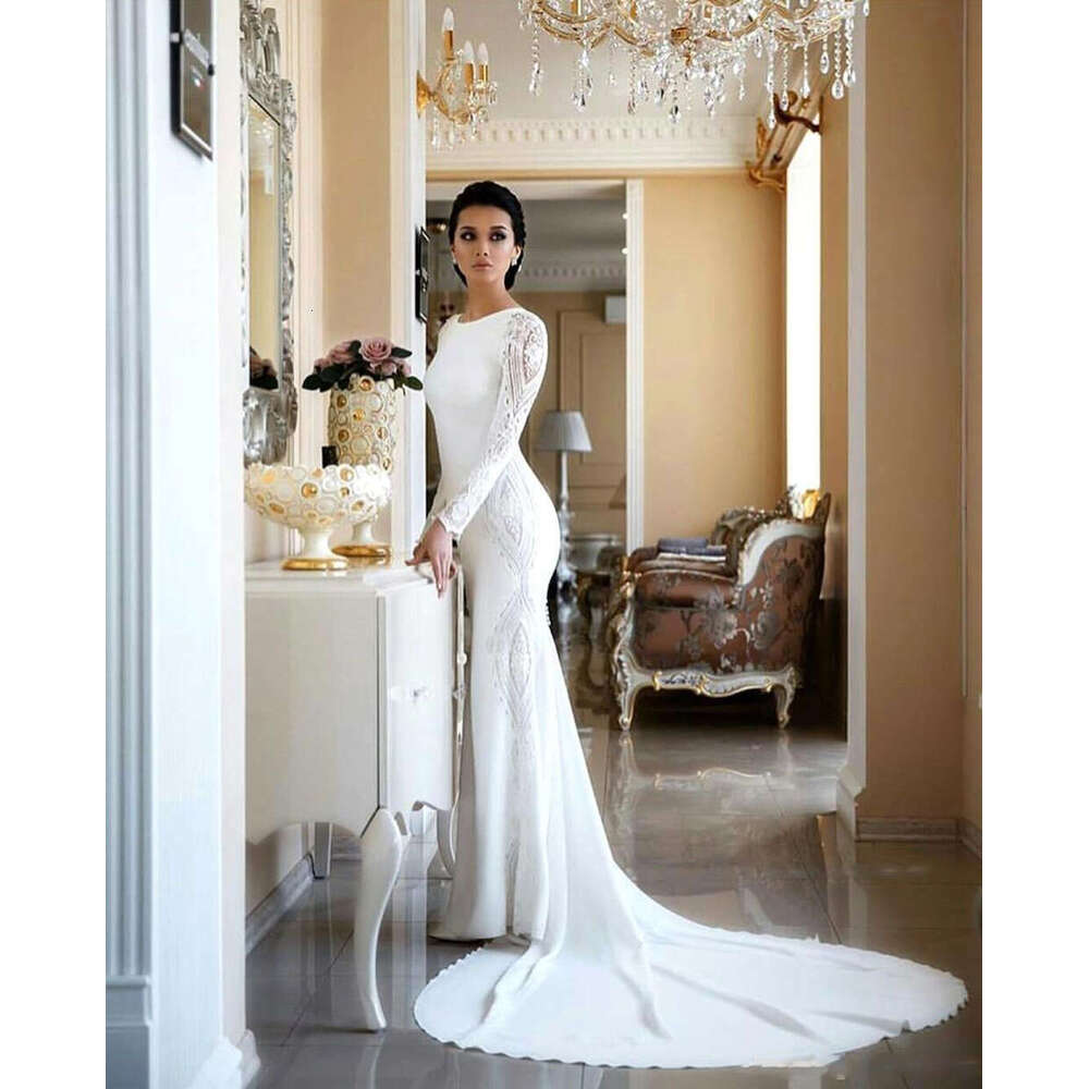 2023 New Modest Mermaid Wedding Dresses O Neck Lace Appliques Beaded Long Sleeves Boho Court Train Sexy Formal Bridal Gowns