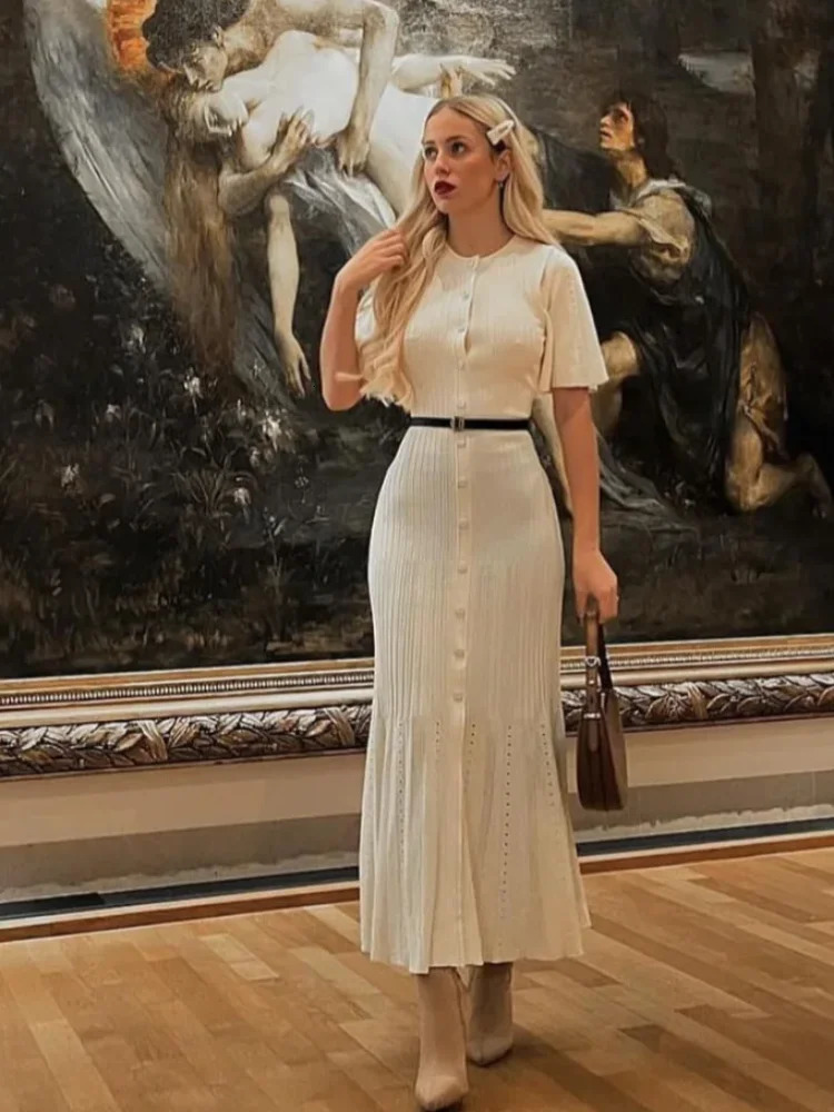 Elegant Solid Womens Knitted Fishtail Midi Dress Fashion O Neck Short Sleeves Slit Shirt Robe Summer Lady High Streetwear 240715