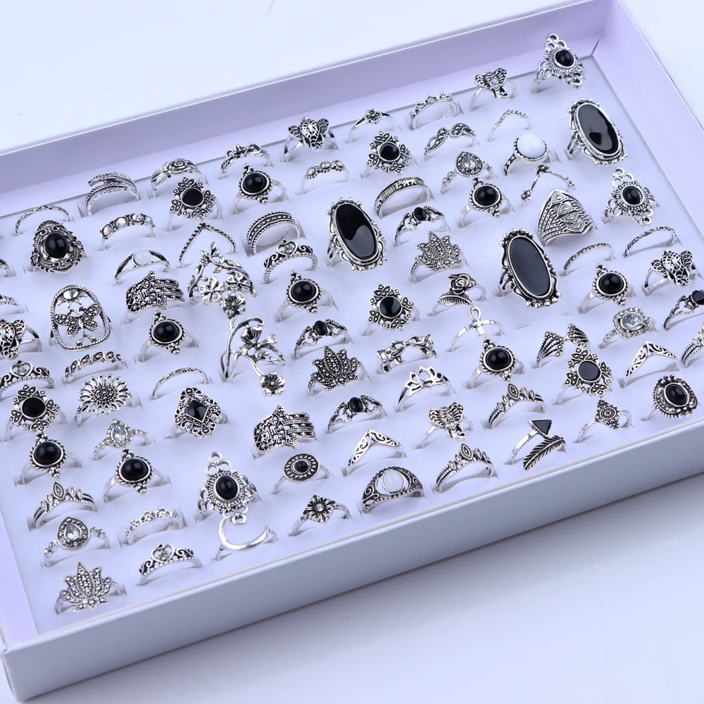 50 pieces/batch Vintage Shell Carved Leaf Finger Rings Womens Black Enamel Flower Star Moon Party Jewelry Gift Wholesale 240710