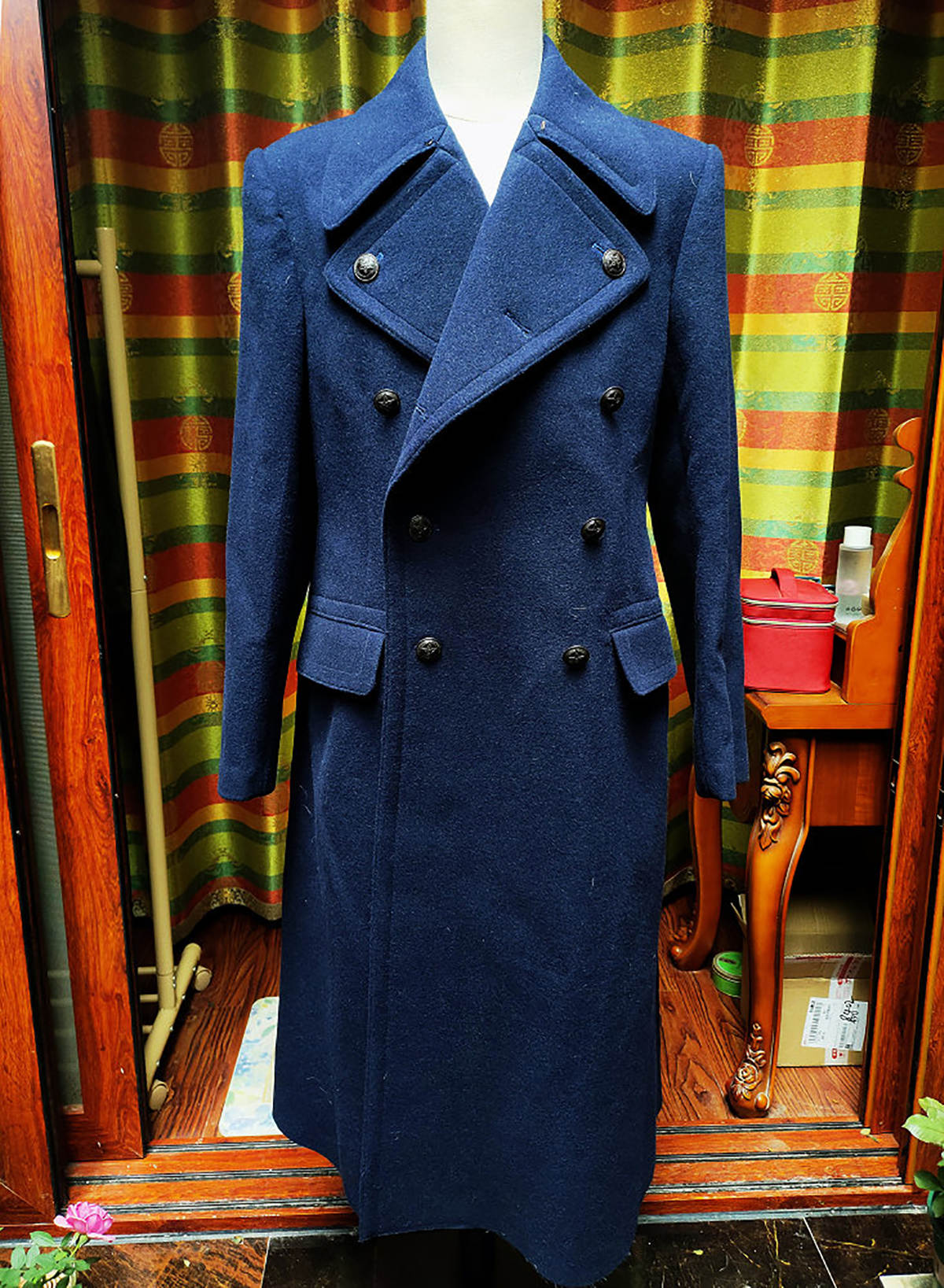 Classic Blue Men Suits Thick Wool Custom Made Double Breasted Tuxedos Peaked Lapel Blazer Back Vent Business High Quality Popular Cheap Price Long Coa