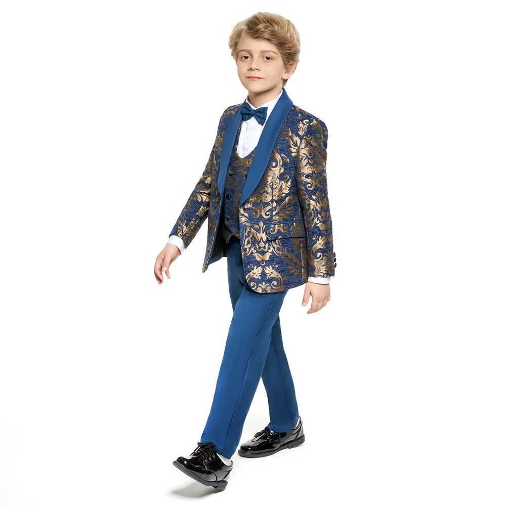 Suits Children Gold Printed Formal Wedding Suit Kids Jacket Vest Pants Photograph Dress Boys Tuxedo Suit Children Graduation Costume