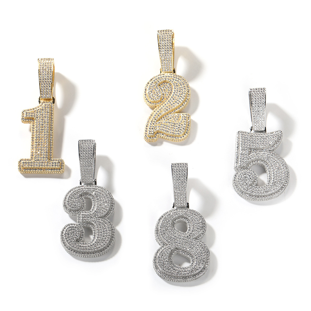 Hip Hop 0-9 Number Letter Pendant Necklace 5A Zircon Women Mens Jewelry