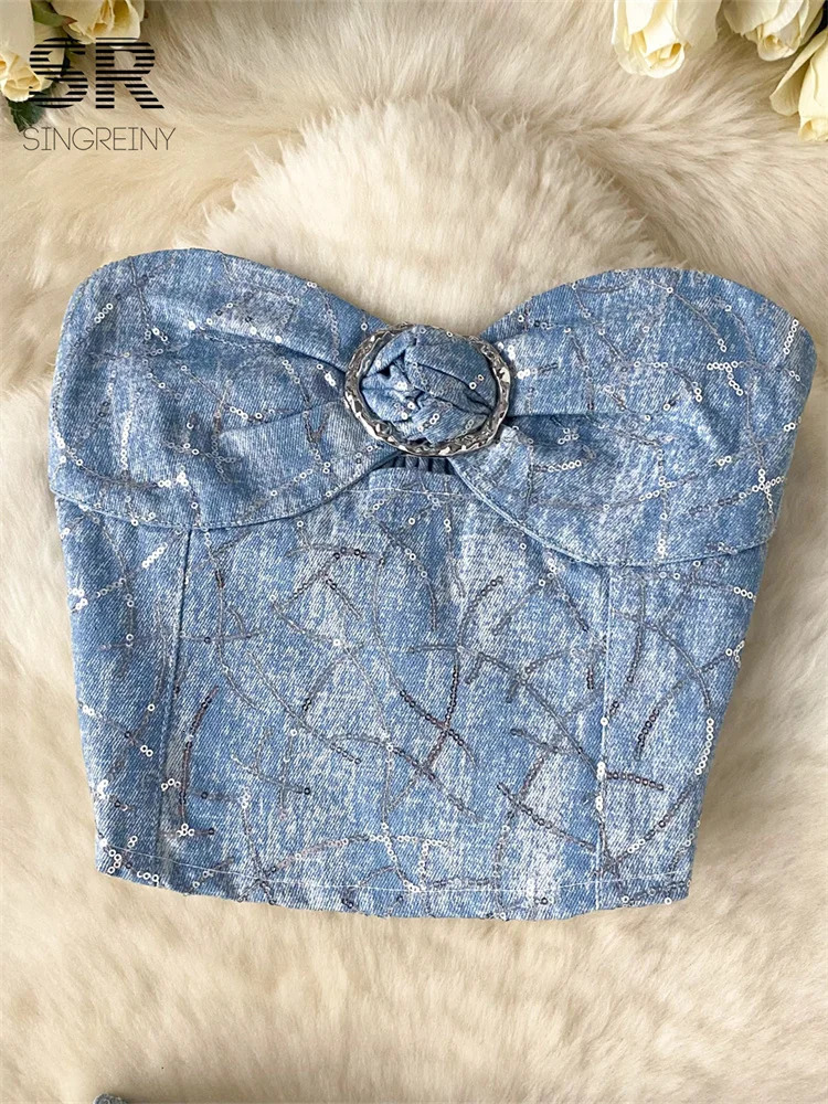 SINGREINY American Vintage Denim 2pcs Suits Women Sexy Ruched Strapless CamisoleSequins Pleated Skirt Shiny Lurex 2pcs Set 240708