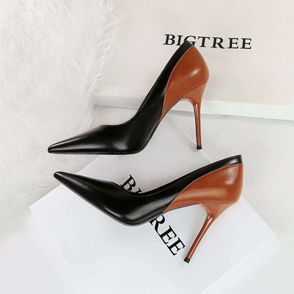 Retro style high heels slim heels banquet women's shoes shallow mouth pointed color blocked spring and autumn new super high heels single shoes