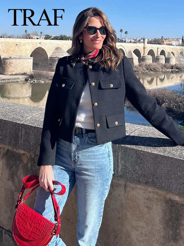 TRAF Fashion Women Bomber Cropped Jackets Female Golden Button Blazer Spring Womens Chic Streetwear Outwear Top 240715