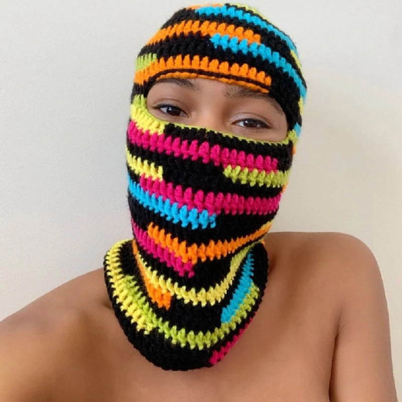Rainbow Striped Balaclava Knit Balaclava Halloween Balaclava Hooded Hat Scarf Beanie Winter Skull Cap Beanie Neck Warmer 240712