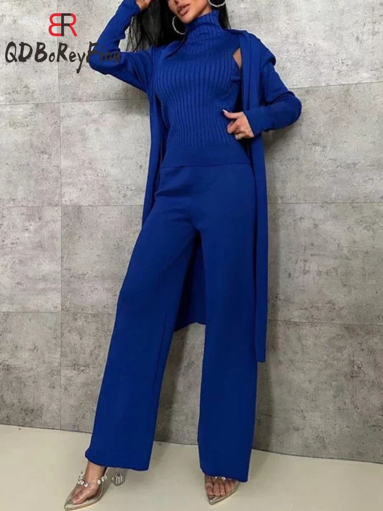 Women Knitted Suits Elegant Office Ladies Slim Turtleneck Vest Long Cardigan Wide Leg Pants 3 Piece Sets Womens Outfits Knitting 240712