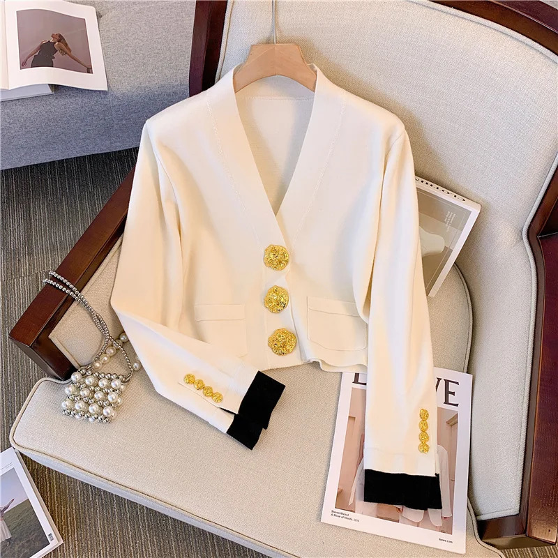 Vintage Elegant Vneck Cardigan Sweater For Women Gold Buttons Long Sleeve Knitwear Tops Autumn Fashion Chic Ladies Jumpers 240712