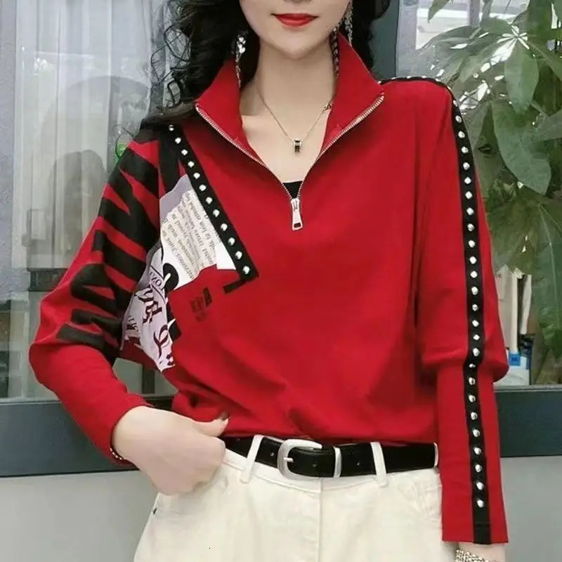 Stand Neck Zipper Hoodie Womens Spring Autumn Fashion Letter Printed Korean Versatile Long Sleeve Rivet Loose Pullover Tops 240713