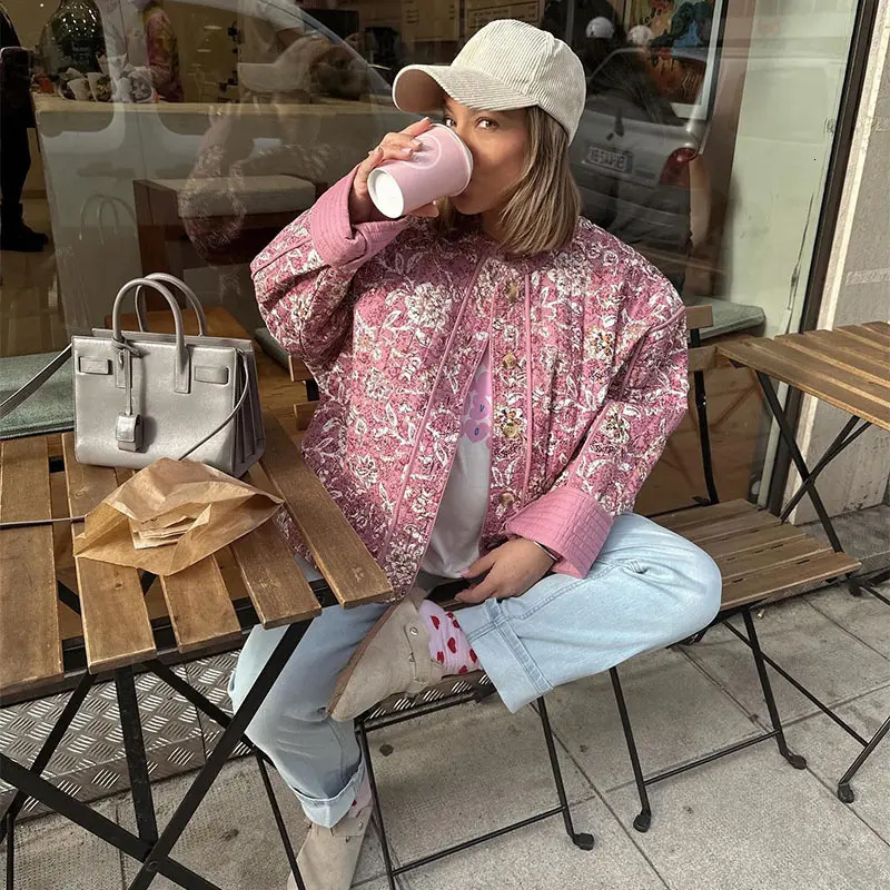 Fashion Print Quilted Jacket for Women Casual Long Sleeved Pocketed Zipper Coat Autumn Winter Commuting Female Overcoat 240715