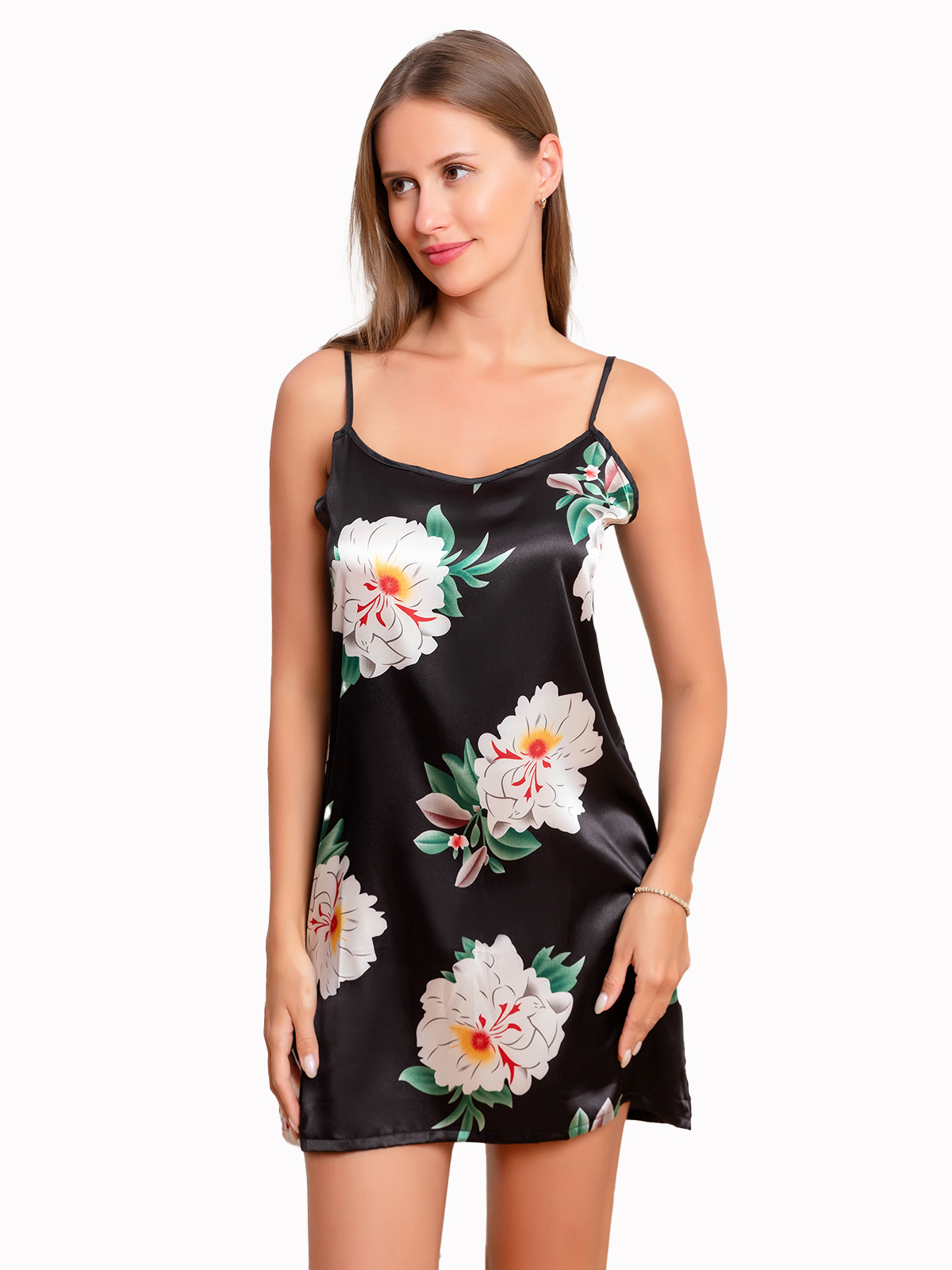 Ladies' home clothes, flat hanging nightgown, black bottom, chrysanthemum P106
