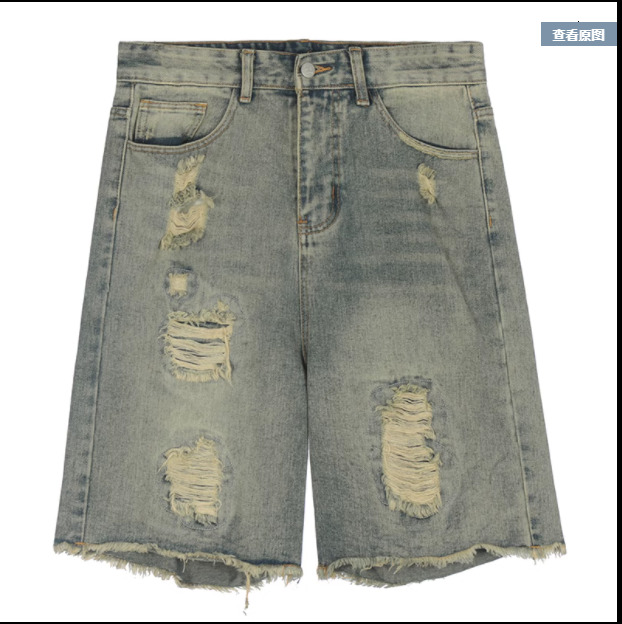 Wukong in stock American distressed ripped washed denim shorts men's trendy hip-hop loose and versatile five quarter pants