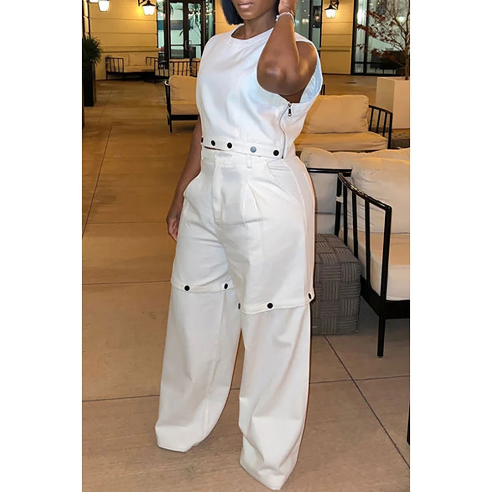 Plus Size Casual Pant Set White Round Neck Detachable Two Piece Pant Set With Pocket 240709