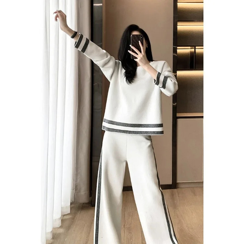 Womens casual pants set sportswear fashionable round neck long sleeved pullout loose wide leg Trouser 2piece track 240718