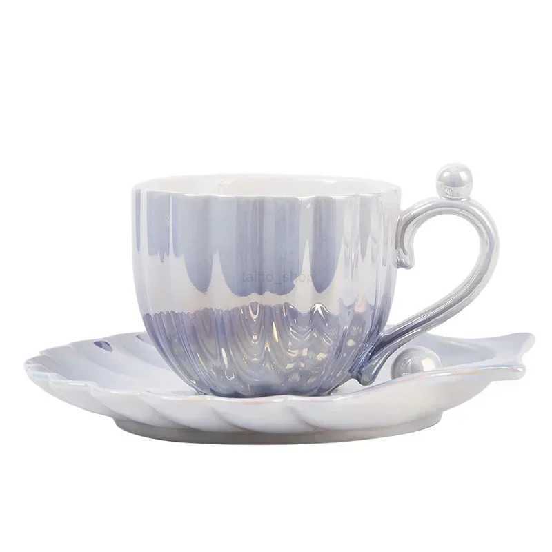 Ins Style Gradient Pearl Shell Household Good-looking Afternoon Tea Cup and Saucer Exquisite Ceramic Coffee Cup SetB240720