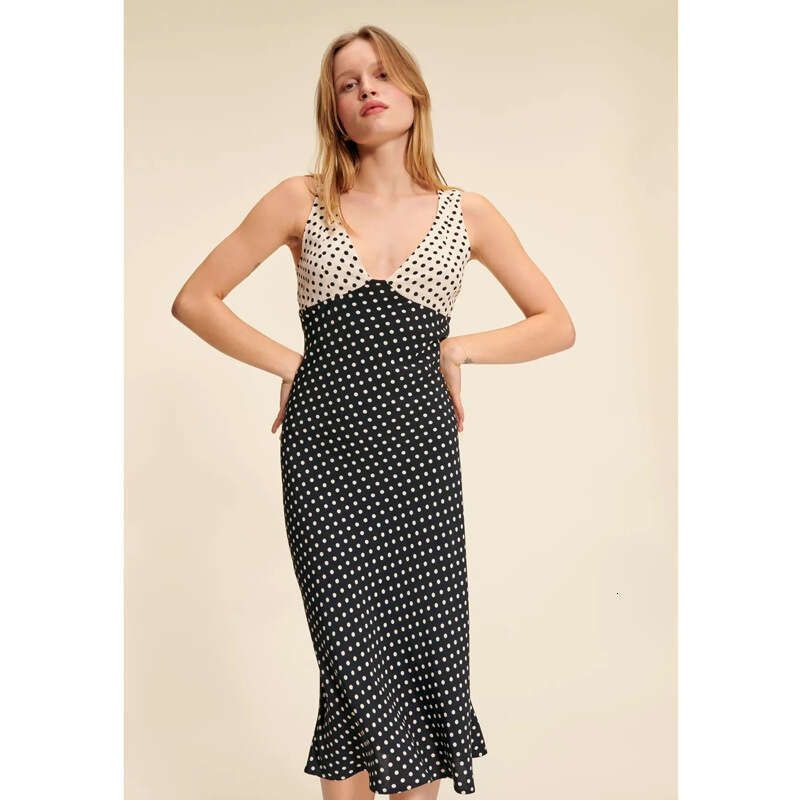 Summer New Black and White Polka Dot Color Blocked Deep V Dress Sleeveless Diagonal Cut Sexy French Elegance Waist Novelty High Waist Dress Lace Dress