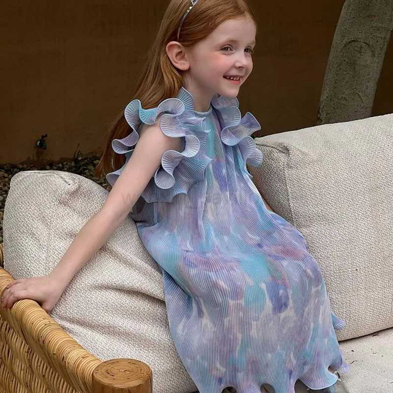 Summer Children Girl Blue Smudge Chiffon Dress Kid Girls Spanish Style Sleeveless Suspender Dress Birthday Party Dresses 9TXJ240720