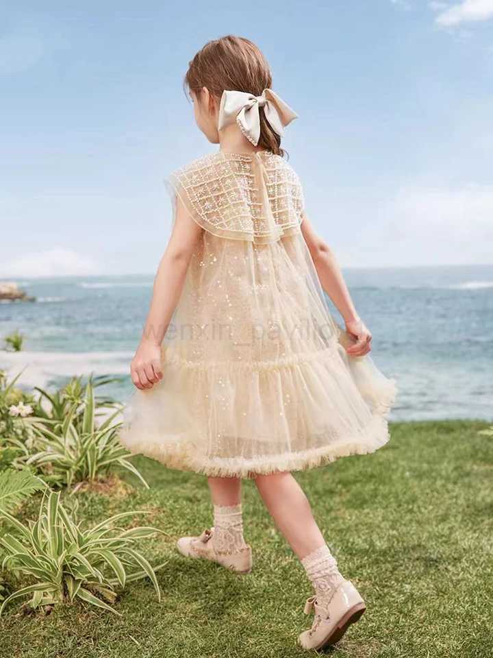 Girls Summer Light Luxury Mesh Dress Little Girl Pearl Neck Sequin Princess Tutu Dress 6-15YXJ240720