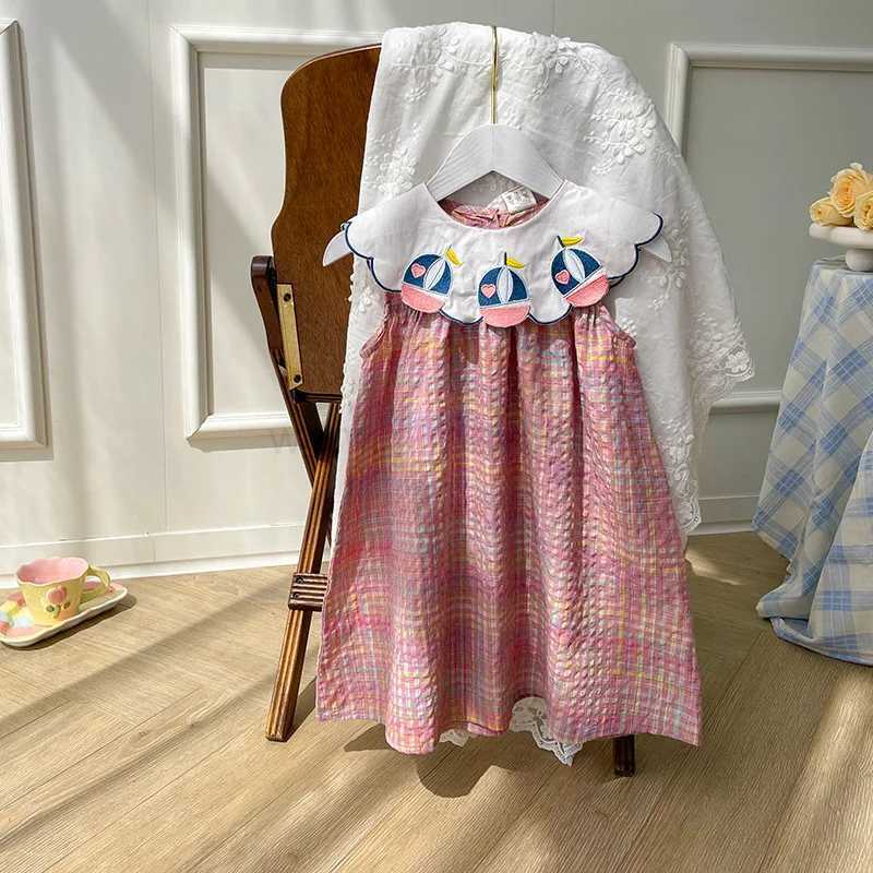 Rainbow Plaid Sailboat Navy Style Girl Dress 2024 Summer New Preppy Style Sweet SleevelessXJ240720