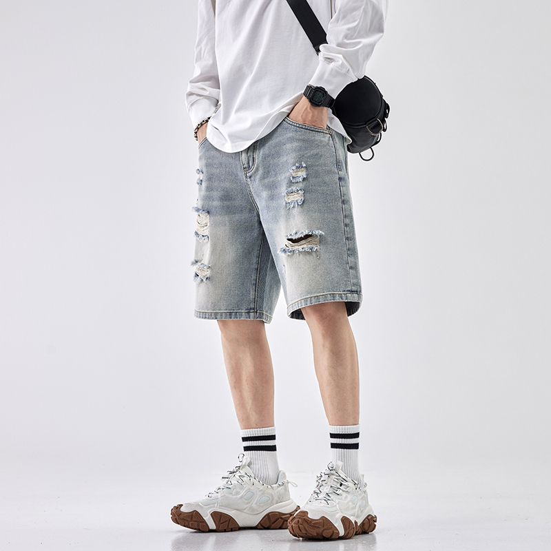 Summer ripped denim shorts for boys, loose and outerwear, cropped pants, trendy brand plus size mid length pants