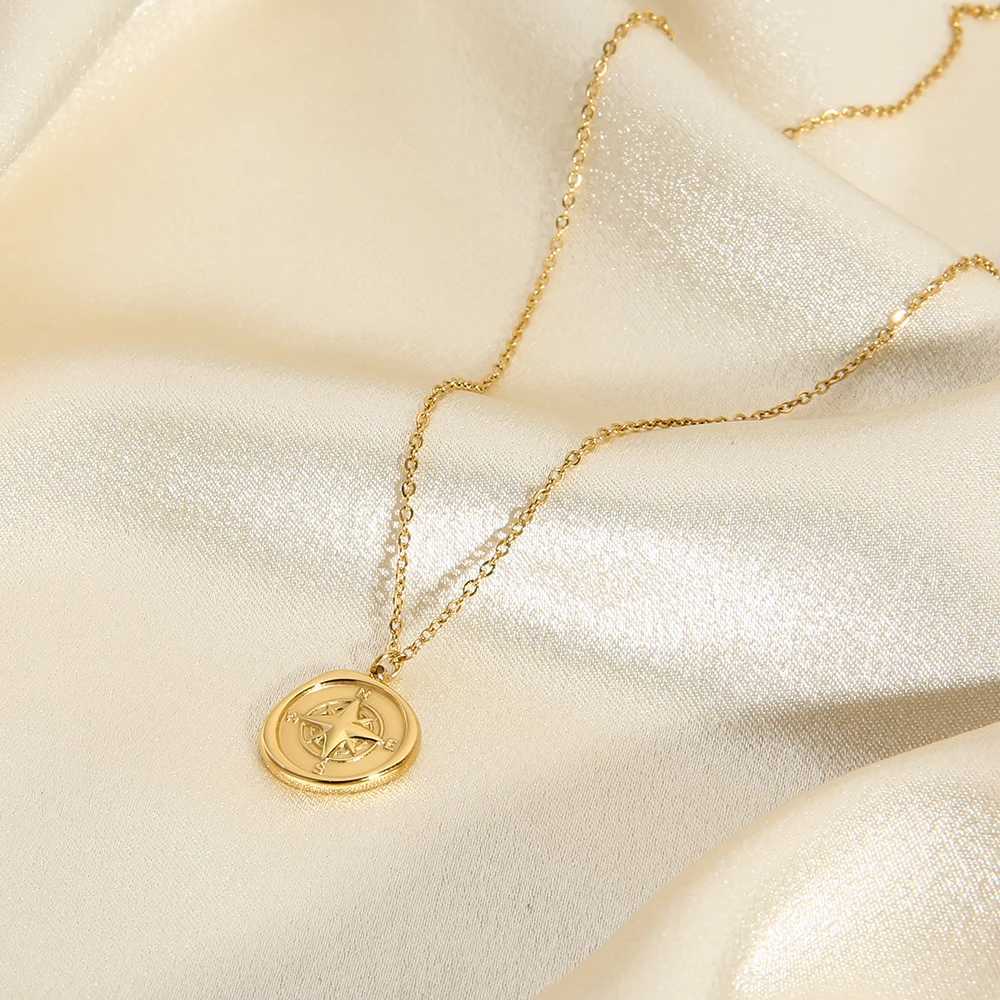 Pendant Necklaces 316L stainless steel PVD gold-plated geometric compass pendant necklace womens waterproof texture necklace 2022 J240719