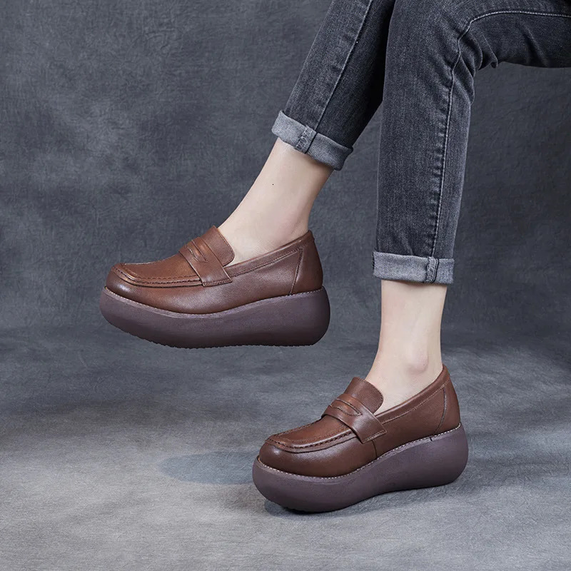Single Shoe Genuine Leather Loafers Womens Brown Retro Slope Heel Ethnic Style Shoes 240718