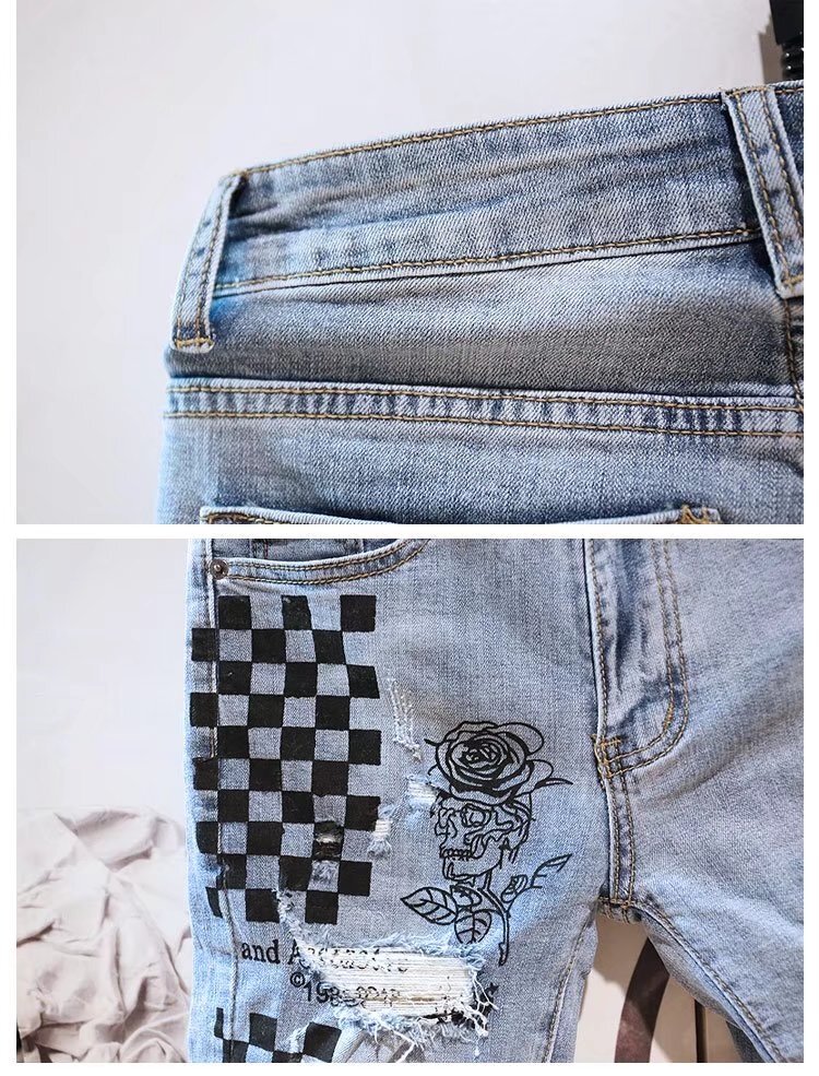 Summer men's slim fit denim 5/5 shorts trendy brand INS Korean version rose checkered ripped washed mid length pants