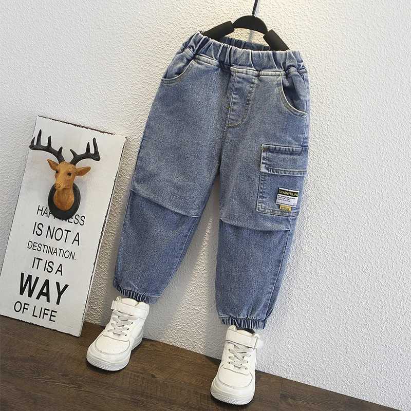 Childrens jeans spring and autumn blue denim pants childrens cargo jeans toddlers babies boys casual 2-6yW240718