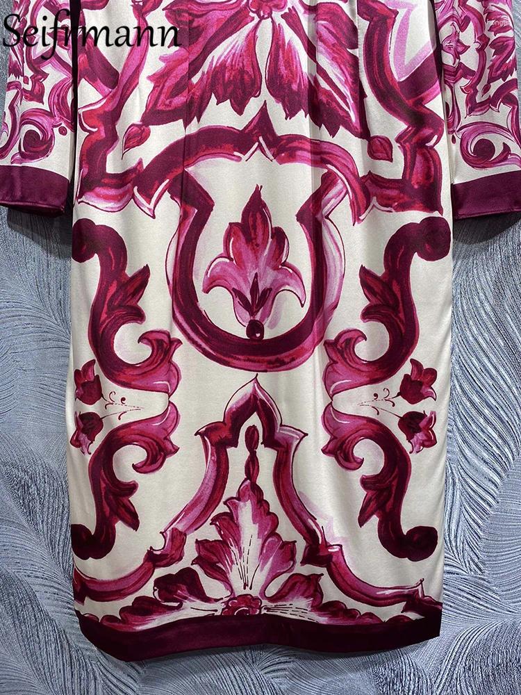 Casual Dresses Seifrmann High Quality Summer Women Fashion Designer Real Silk Dress Long Sleeve Red White Porcelain Printed Penci