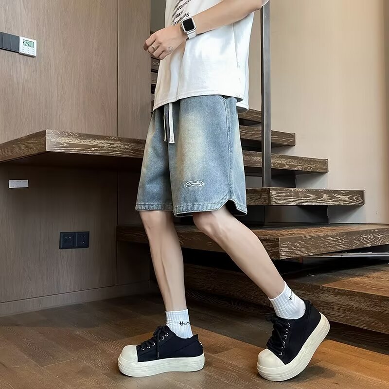 Denim shorts for men, summer gradient high street trend washed straight leg pants, oversized loose casual thin cropped pants
