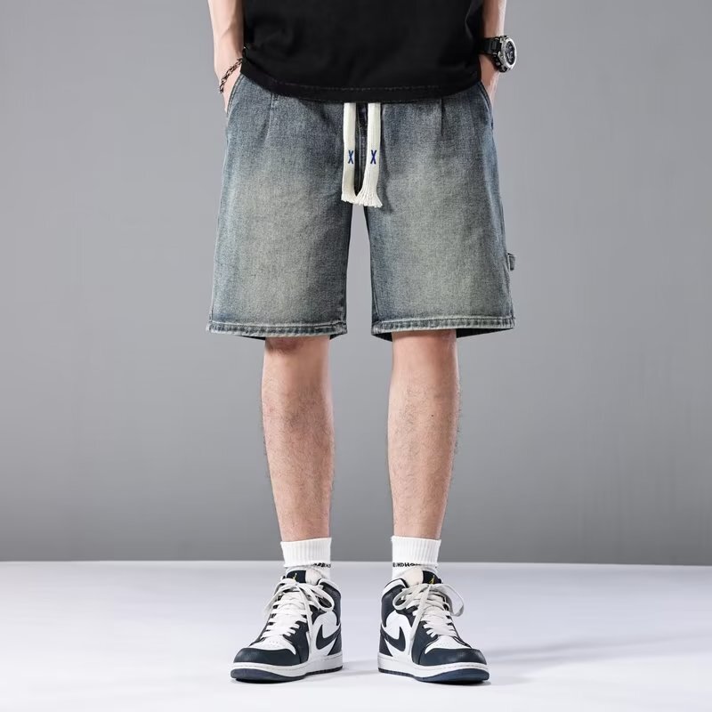 American denim summer trendy brand, ruffian and handsome shorts, men's loose fitting workwear, 5/4 pants