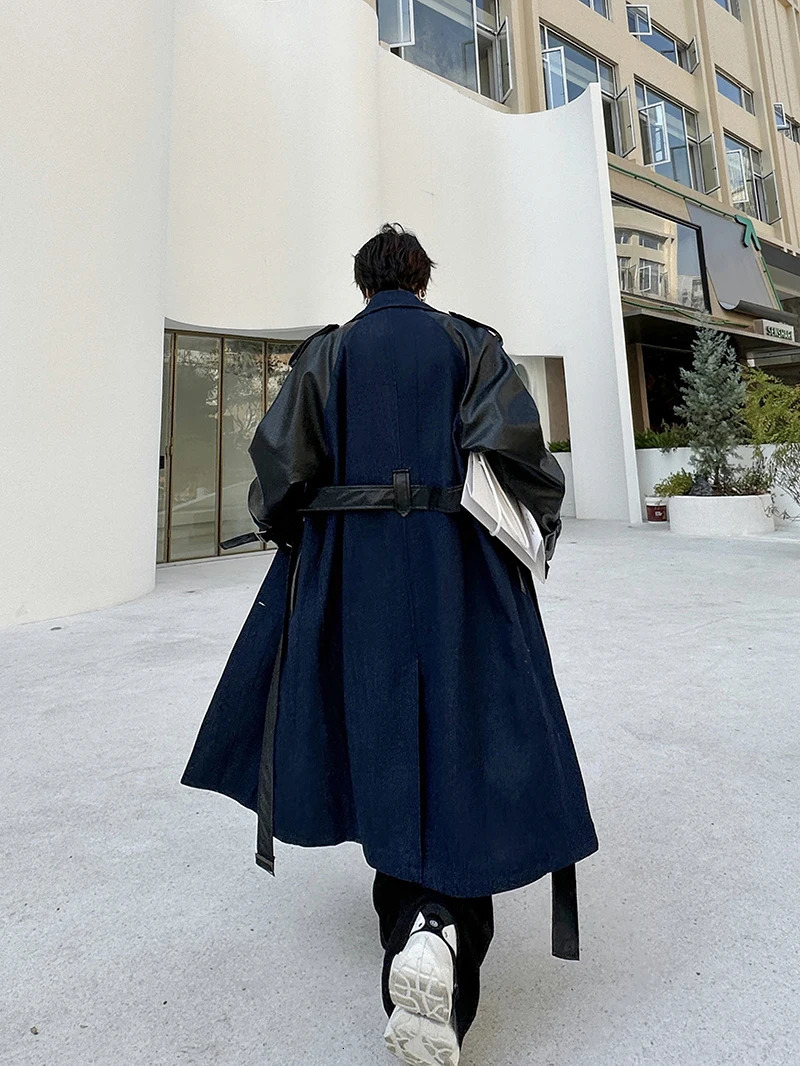 Double Breasted Denim Splice Leather Long Windbreaker Jacket Men Mid Loose Casual Korean Streetwear Trench Coat Outerwear 240719