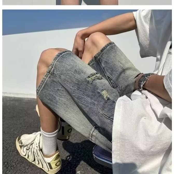 Broken hole denim shorts men's summer thin 2024 new American fashion brand straight and loose five part casual pants