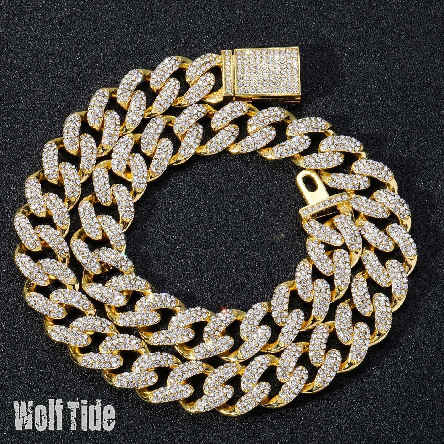 New in Hip Hop 15mm Three Row Diamond Cuban Chain Necklace Full Personality Trendsetter Men's Collar Rose Gold Iced Rhinestone Curb Chains Collie