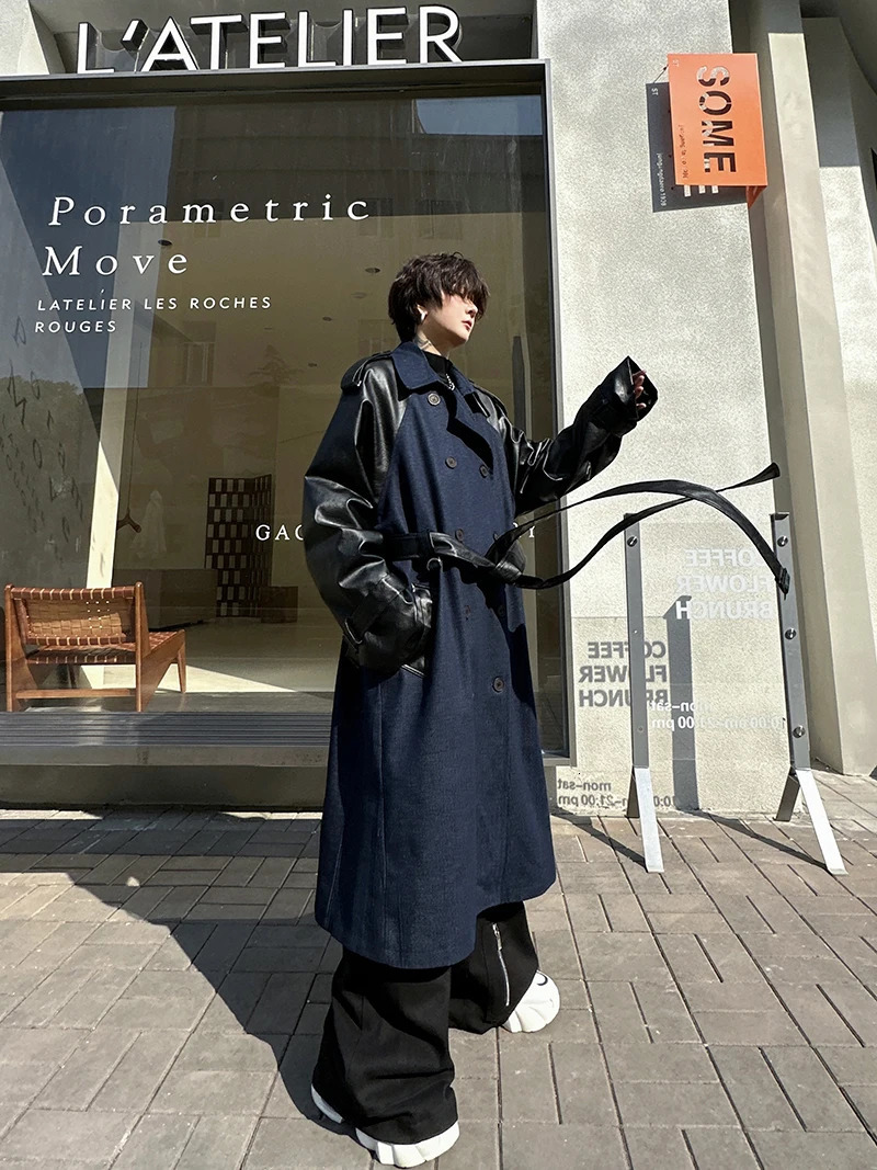 Double Breasted Denim Splice Leather Long Windbreaker Jacket Men Mid Loose Casual Korean Streetwear Trench Coat Outerwear 240719