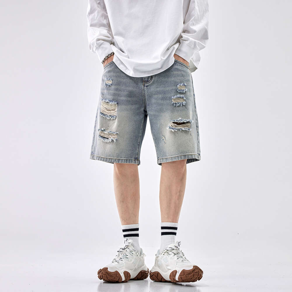 Summer ripped denim shorts for boys, loose and outerwear, cropped pants, trendy brand plus size mid length pants