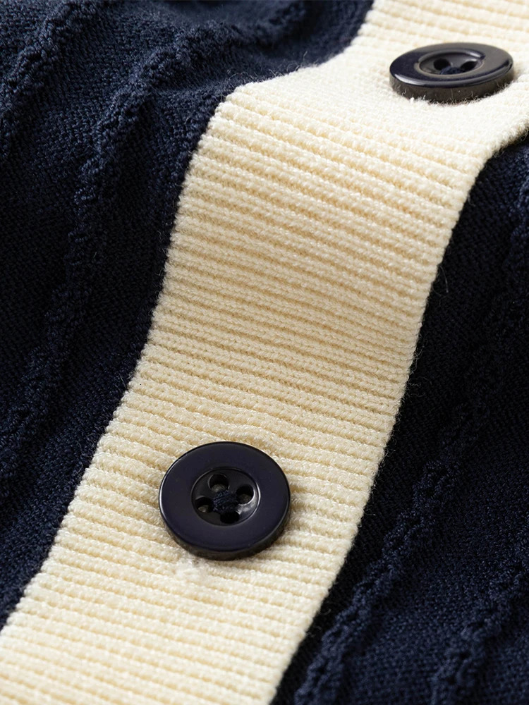 FSLE College Style Contrast Polo Collar Knitted Cardigan Women Knitwear Summer Black Women Casual Loose Top 24FS12115 240717