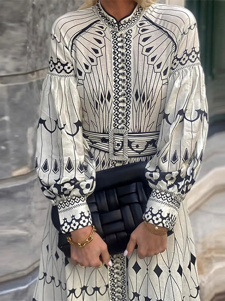 Women Elegant Print Aline Midi Dress With Belt Lantern Long Sleeve Stand Collar Dresses 2024 Chic Lady Casual Vacation Vestidos 240717