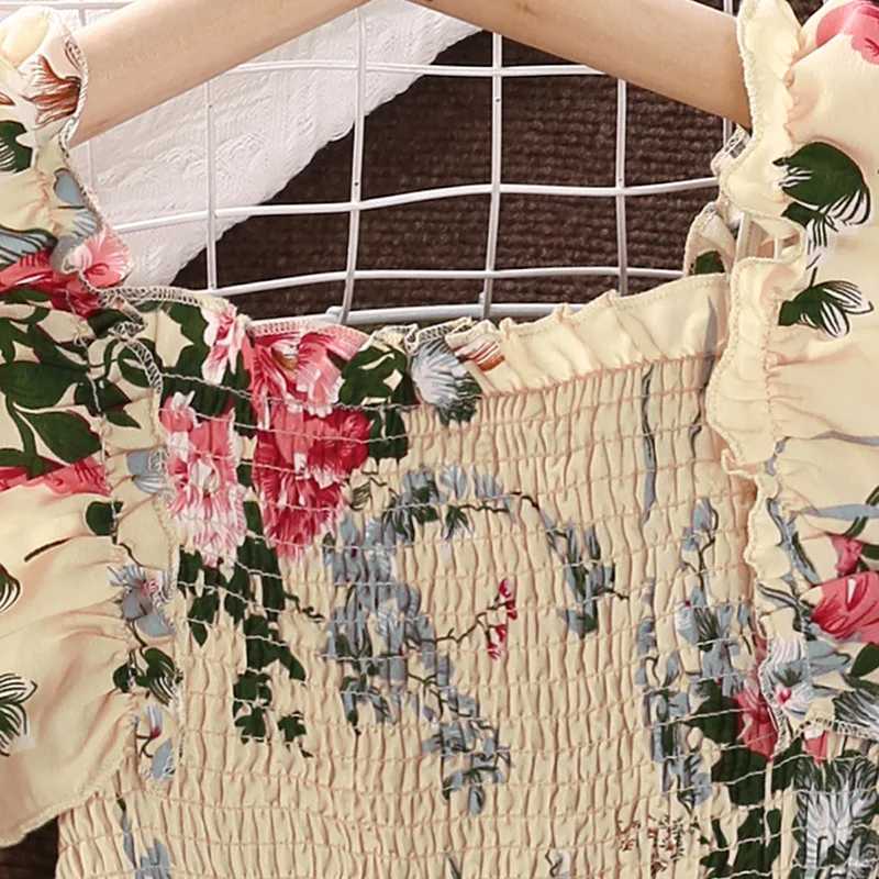Summer Girls Long Skirt Polyester Square Collar Suspender Sleeveless Lace Play Smocking A-line Print Dress Pleated ComfortableXJ240720
