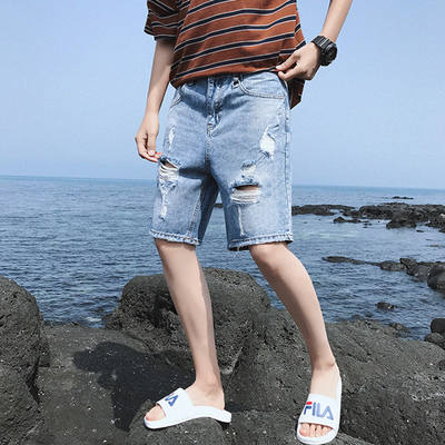 Summer denim shorts, trendy loose fit, men's cropped ripped horse pants, casual thin design