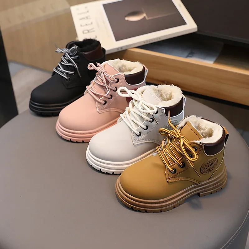 Winter Kids Combat Boots Furry Lined Children Ankle Boots Fashion Boys Girls Short Boots Student Non-slip Shoes Footwear H07032 240710