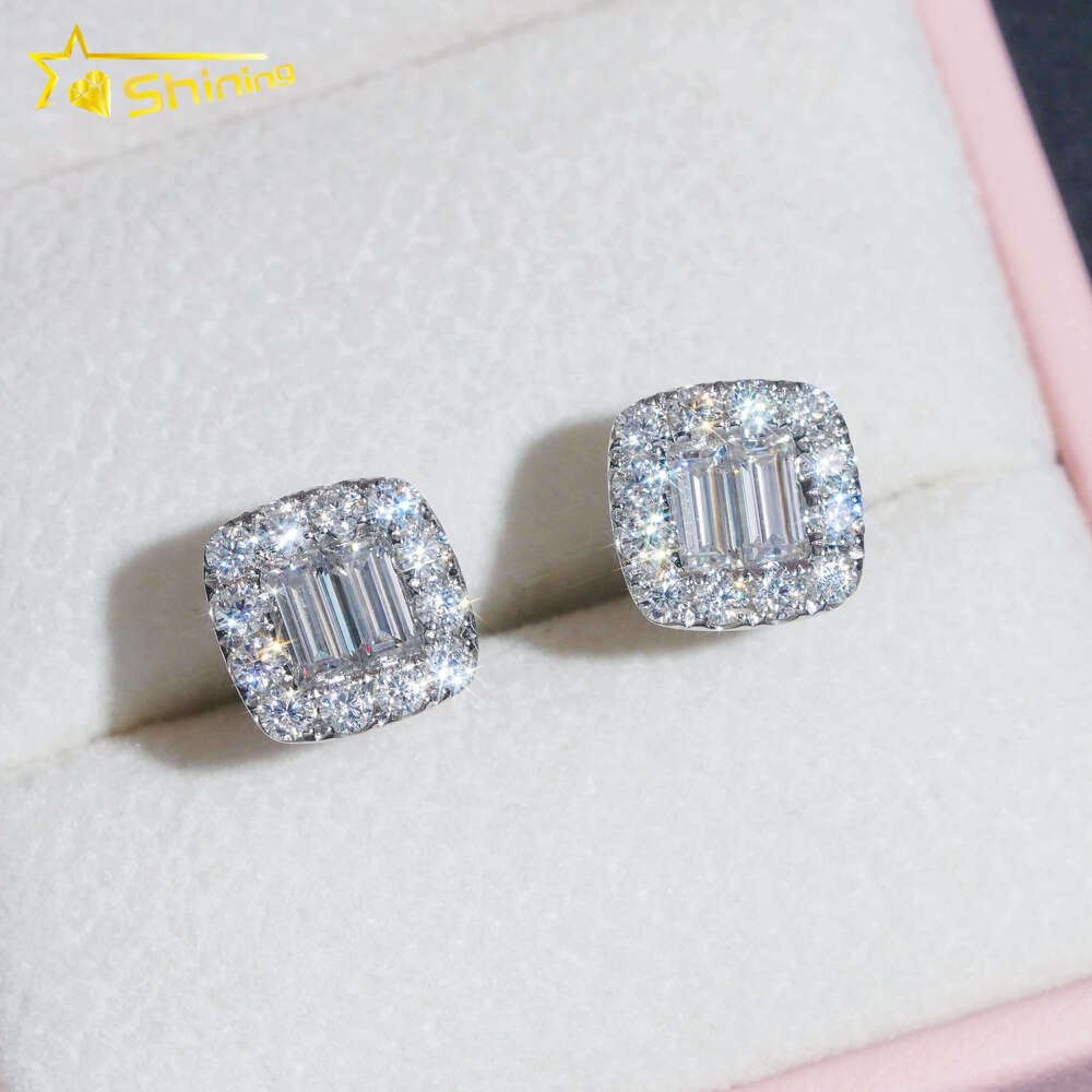 Trendy Vvs Moissanite Diamond Unisex Solid 10K Gold Baguette Cut Eat Studs Fine Jewelry Earrings