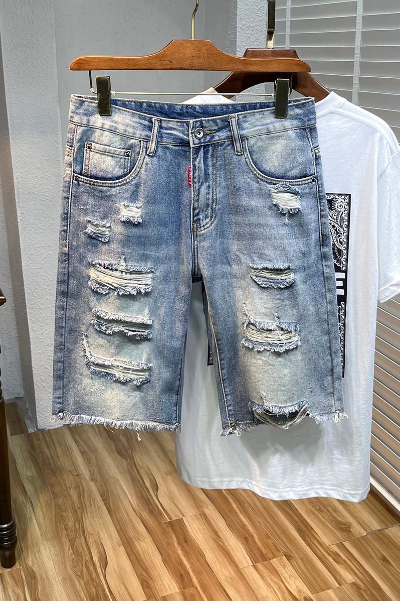 High end summer shorts for men, trendy ripped straight leg denim five quarter pants, 2024 new men's mid length pants