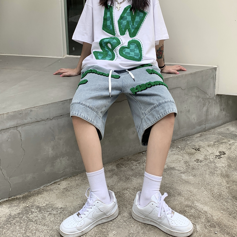 Summer Street Trendy Denim Shorts Design Sense Heavy Industry 3D Towel Embroidery Men's and Women's Five Part Casual Pants
